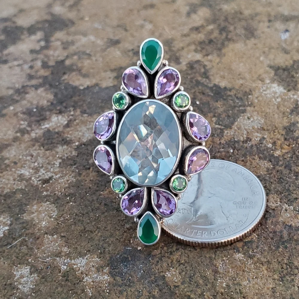 Nicky Butler Aqua Quartz Amethyst Chalcedony 925 Sterling Silver Size 10.5 Ring